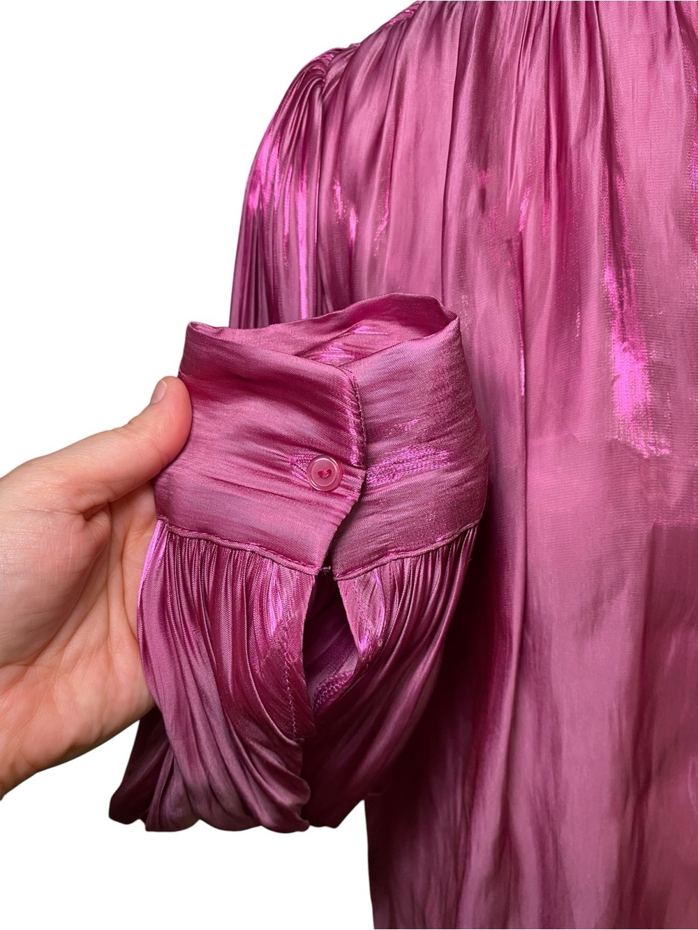 Aveloria Metallic Magenta Pleated
Long Sleeve Bow Neck Blouse - Picture 6 of 16